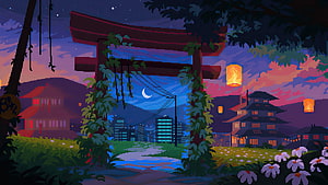 8 Bit Japan Pixel Art Torii Gate at Dusk with Lanterns and Japanese Village HD wallpaper