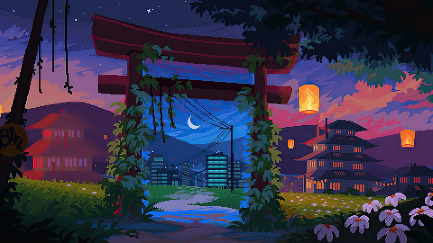 8 Bit Japan Pixel Art Torii Gate at Dusk with Lanterns and Japanese Village HD wallpaper