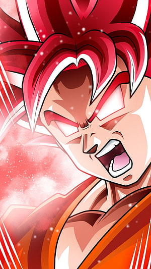 Goku Super Saiyan God Anime Character with Fiery Red Hair and Intense Battle Expression HD phone wallpaper