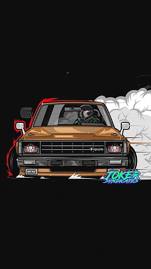 Stylized Front View of a Bronze Toyota Pickup Truck with Racing Driver and Smoke Effects HD phone wallpaper