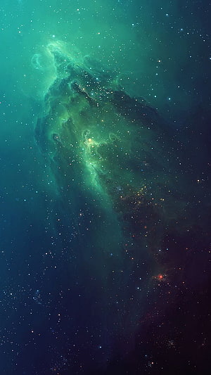 Vibrant Green and Teal Star Nebula in Deep Space with Scattered Stars HD phone wallpaper