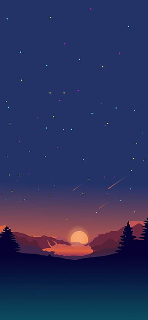 Minimalist Digital Art of a Starry Night Sky with Shooting Stars Over a Mountain Lake at Sunset HD phone wallpaper