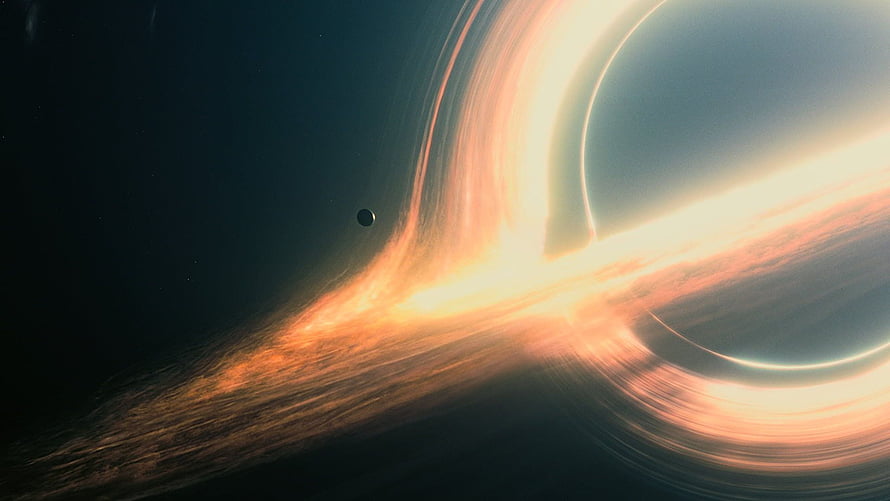 Interstellar Black Hole Gargantua with Glowing Accretion Disk and Distant Planet HD wallpaper