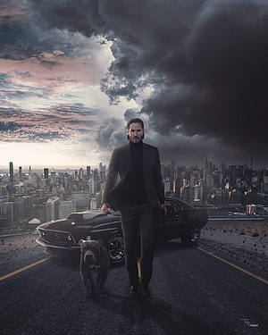 John Wick Walking His Dog Beside a Classic Muscle Car Against a Dramatic City Skyline HD phone wallpaper