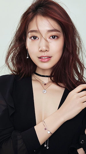 Park Shin Hye Portrait in Black Blazer with Layered Jewelry and Red Hair HD phone wallpaper