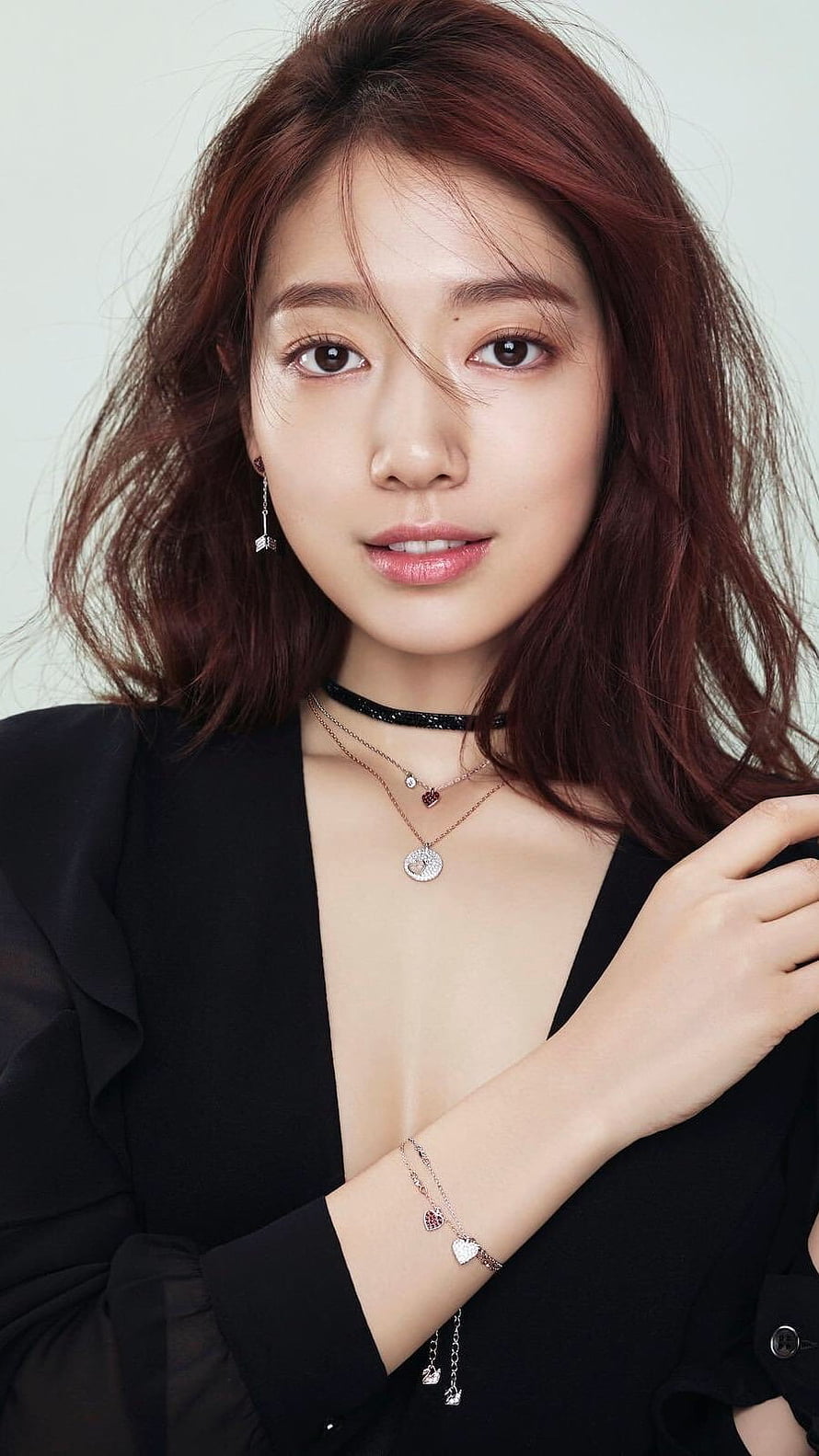Park Shin Hye Portrait in Black Blazer with Layered Jewelry and Red Hair HD phone wallpaper