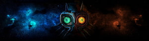 Destiny 2 Guardian Mask Split Screen with Blue and Orange Nebula Background HD wallpaper
