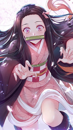 Nezuko Kamado in Pink Kimono with Bamboo Cuff and Flowing Dark Hair HD phone wallpaper