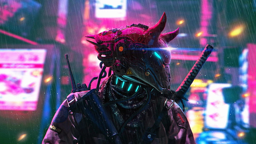 Cyberpunk Samurai Warrior in Neon Rain with Katana and Tactical Gear HD wallpaper