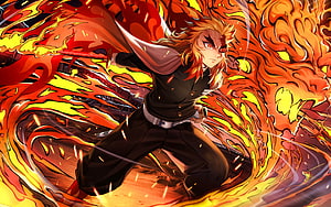 Kyojuro Rengoku Wielding Flame Sword in Demon Slayer Anime Artwork HD wallpaper
