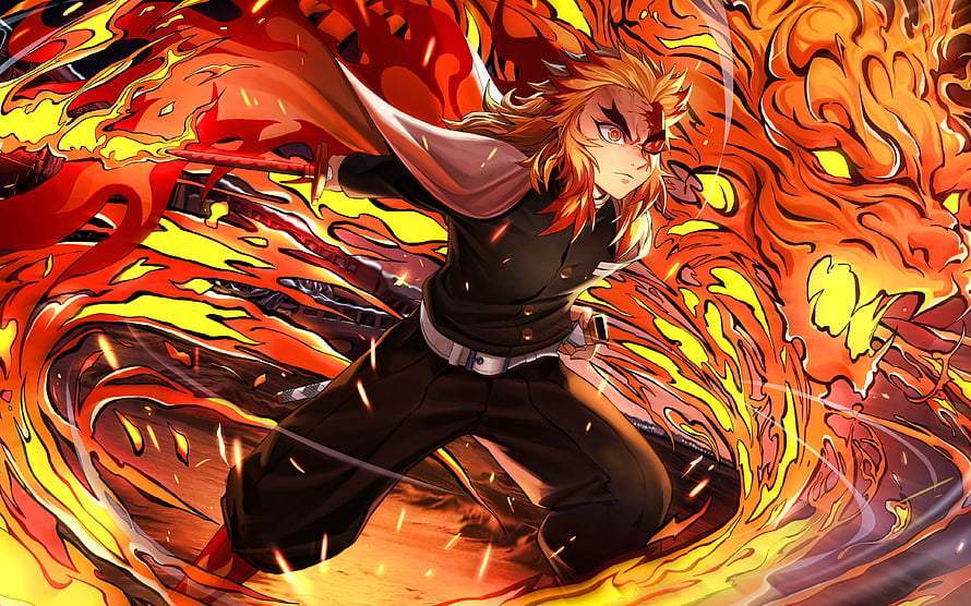 Kyojuro Rengoku Wielding Flame Sword in Demon Slayer Anime Artwork HD wallpaper