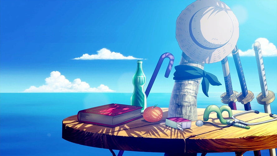 One Piece Straw Hat Pirates Table Scene with Swords and Ocean View HD wallpaper