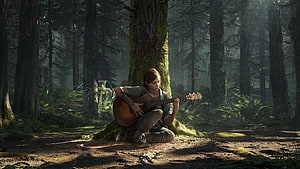 The Last of Us Part II Ellie Playing Acoustic Guitar in Misty Forest HD wallpaper