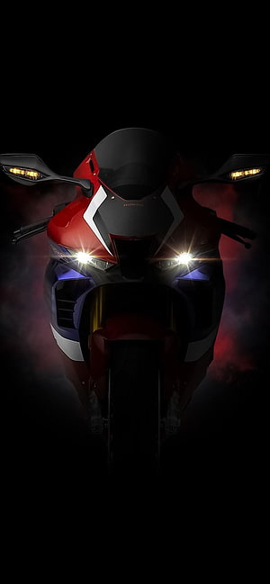 Honda CBR Fireblade Front View with Glowing Headlights in Dark Smoky Atmosphere HD phone wallpaper