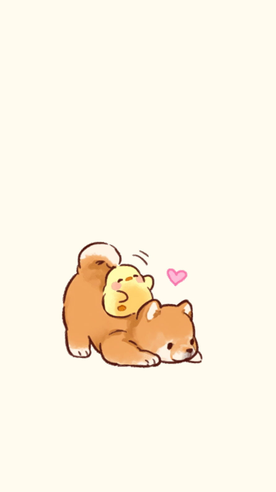 Cute Kawaii Shiba Inu Puppy and Yellow Chick Illustration with Pink Heart on Cream Background HD phone wallpaper