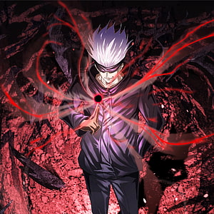 Gojo Satoru Unsealed Anime Character with Red Energy Aura and Dark Background HD phone wallpaper