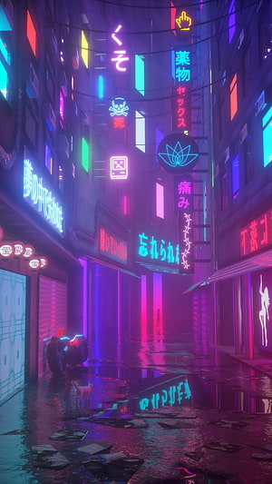 Neon Drenched Cyberpunk Alley with Japanese Signage and Rainy Street Reflections HD phone wallpaper
