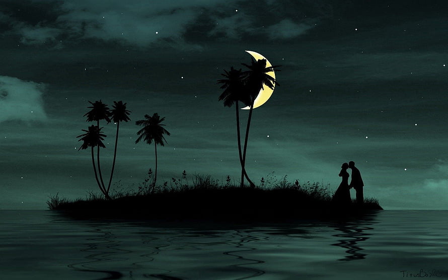 Silhouetted Couple Kissing on a Tropical Island Under a Crescent Moon at Night HD wallpaper