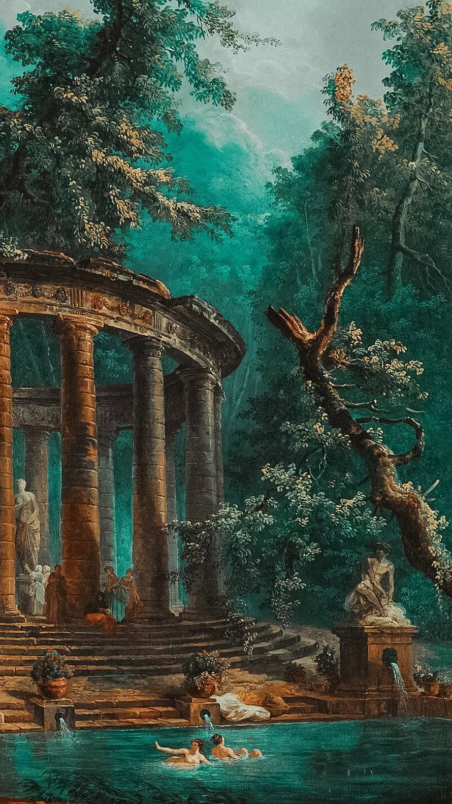 Classical Ruins and Bathing Figures in a Lush Forest Landscape Oil Painting HD phone wallpaper