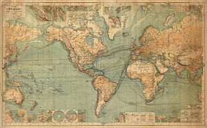 Antique World Map with Vintage Cartography and Oceanic Route Lines HD wallpaper