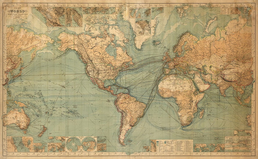 Antique World Map with Vintage Cartography and Oceanic Route Lines HD wallpaper