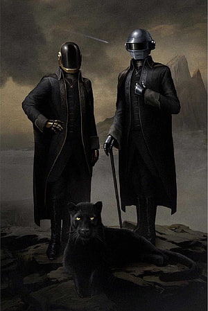 Daft Punk Concept Art with Black Panther and Dark Sci-Fi Landscape HD phone wallpaper