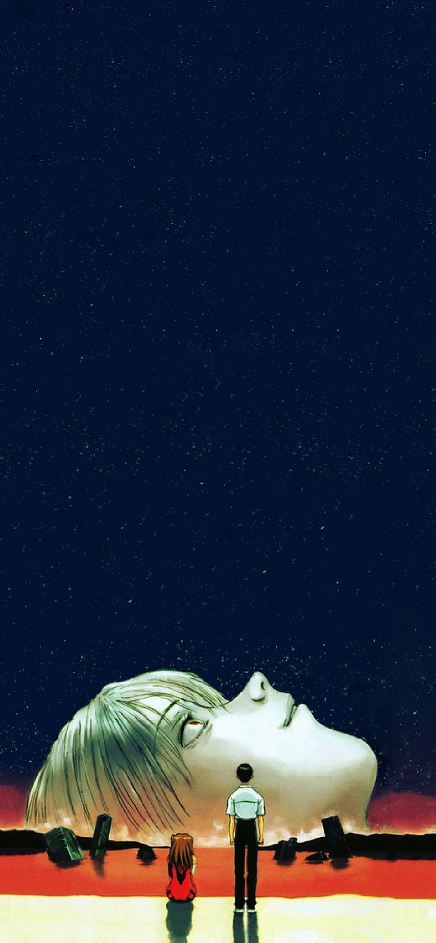 Neon Genesis Evangelion End of Evangelion Giant Head and Characters Under Starry Night Sky HD phone wallpaper