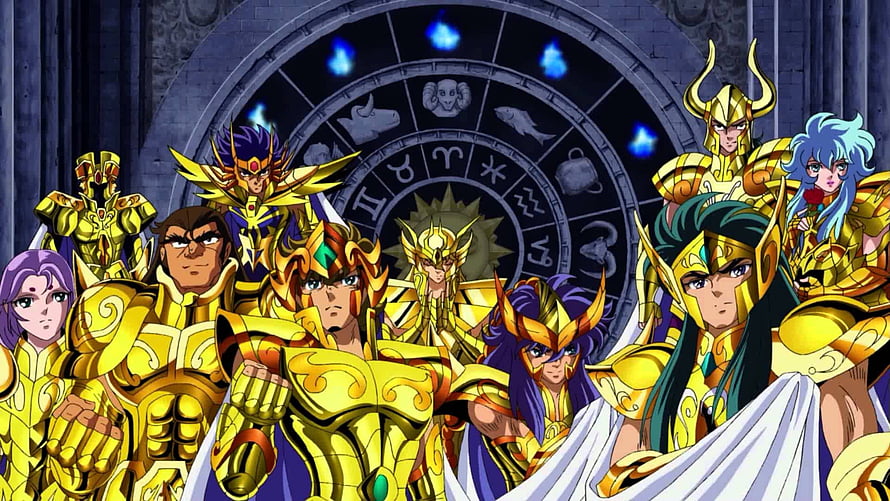 Saint Seiya Gold Saints in Full Armor Before the Zodiac Wheel HD wallpaper