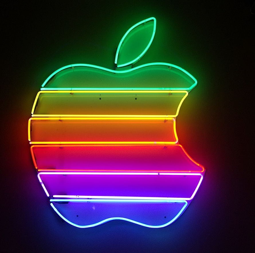 Vibrant Rainbow Neon Apple Logo Sign Against Dark Background HD wallpaper