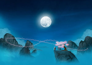 Kung Fu Panda Master Oogway Under Full Moon with Blossoming Tree HD wallpaper