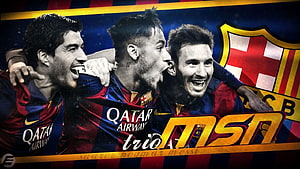 FC Barcelona MSN Trio Messi Neymar Suarez Celebrating in Blue and Red Stripes HD wallpaper