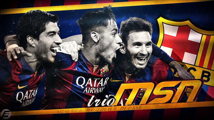 FC Barcelona MSN Trio Messi Neymar Suarez Celebrating in Blue and Red Stripes HD wallpaper