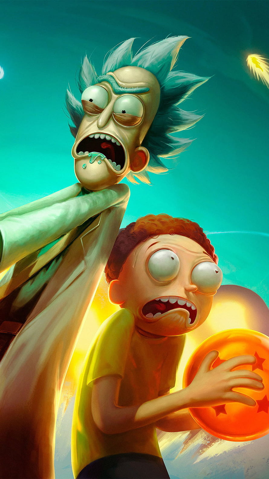 Rick and Morty Animated Artwork with Shocked Expressions and Cosmic Background HD phone wallpaper