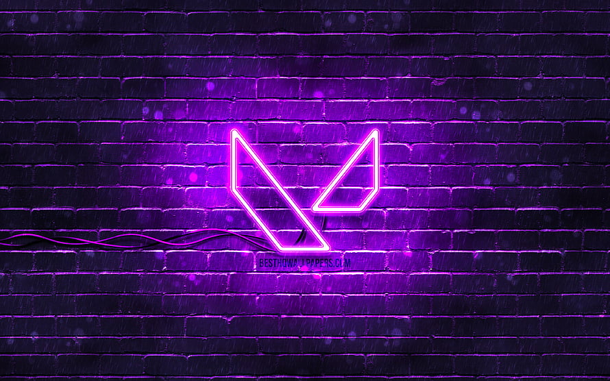 Glowing purple Valorant emblem mounted on a dark brick wall with neon lighting HD wallpaper