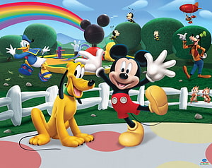 Mickey Mouse Clubhouse Friends in Sunny Park with Rainbow and Playful Characters HD wallpaper