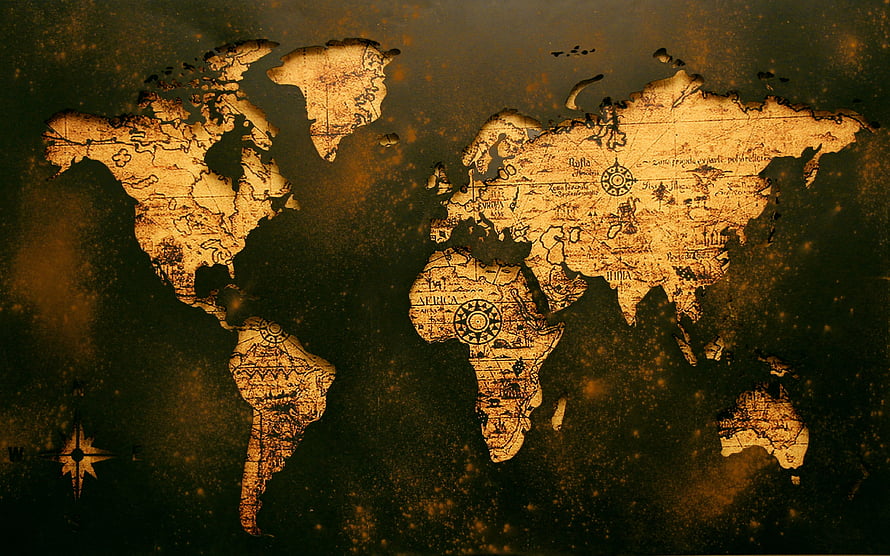 Vintage Antique World Map with Sepia Tones and Compass Rose on Dark Background HD wallpaper