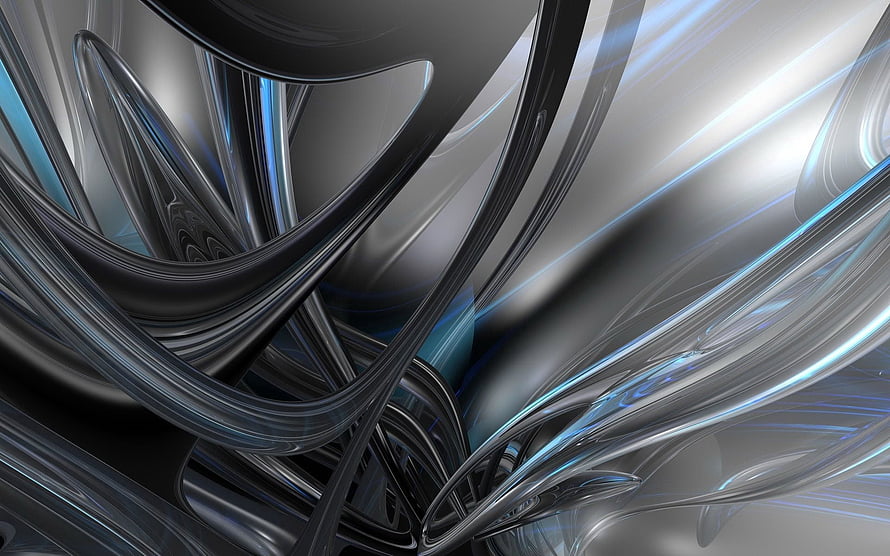 Abstract 3D metallic swirls with flowing chrome lines and cool blue light reflections HD wallpaper