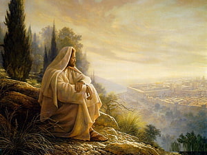 Jesus Christ Contemplating Jerusalem from a Hilltop in Classical Oil Painting Style HD wallpaper