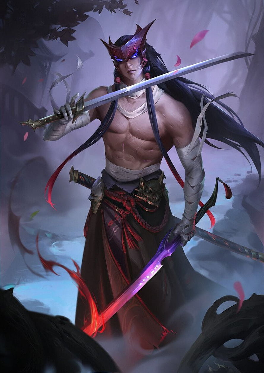 Yone from League of Legends wielding dual blades in a misty forest setting HD phone wallpaper