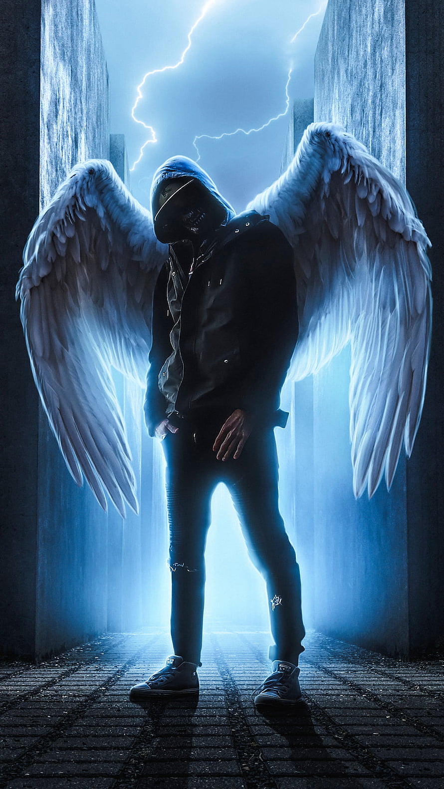 Hooded Figure With White Angel Wings Standing In Stormy Alley HD phone wallpaper