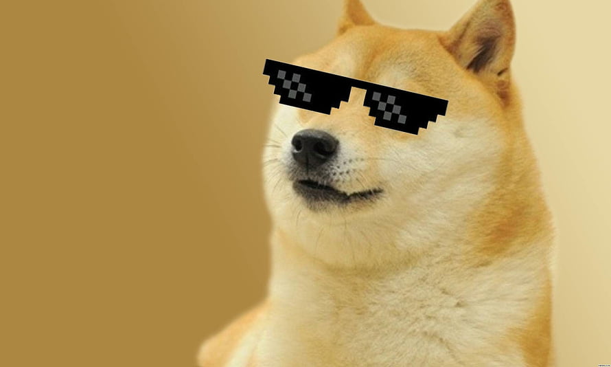 Cheeky Shiba Inu Wearing Pixelated Sunglasses on a Warm Beige Background HD wallpaper
