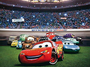 Lightning McQueen and Friends at the Dinoco 400 Race in Cars HD wallpaper