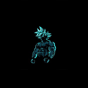 Goku Beast Form Minimalist Neon Cyan Anime Illustration on Black Background HD phone wallpaper
