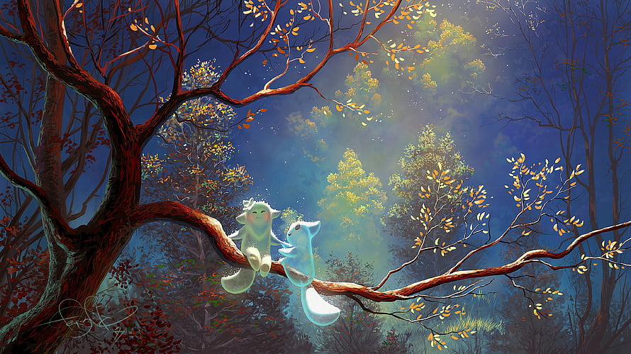 Glowing Fantasy Creatures Resting on a Tree Branch in a Magical Autumn Forest HD wallpaper