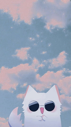 Gojo Satoru Cat Illustration with Sunglasses Against a Pastel Cloudy Sky HD phone wallpaper
