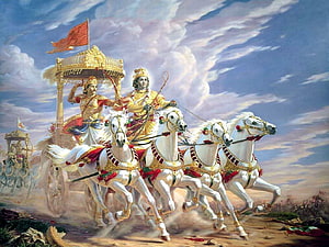 Krishna and Arjuna on the Divine Chariot in the Mahabharata Epic HD wallpaper