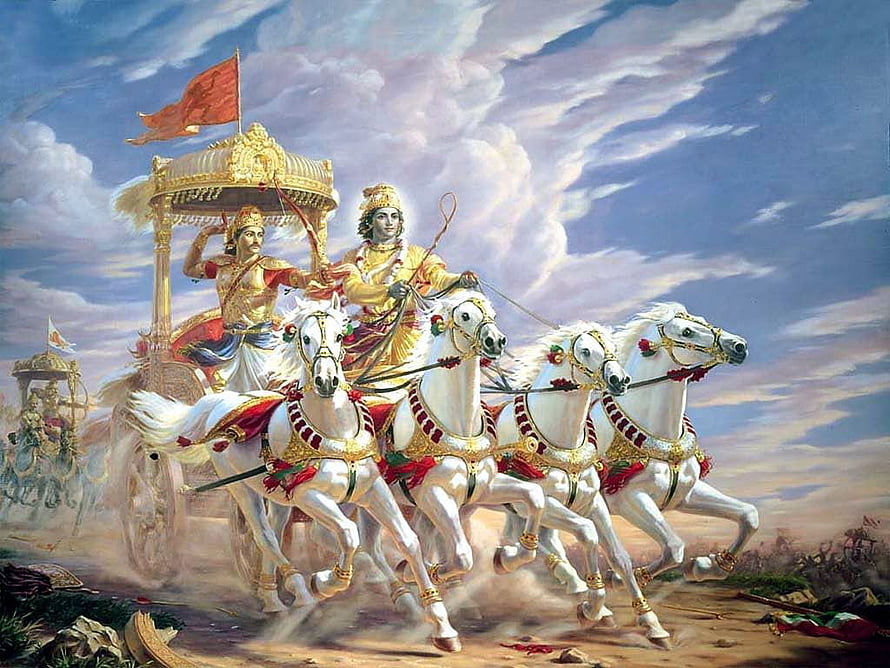Krishna and Arjuna on the Divine Chariot in the Mahabharata Epic HD wallpaper