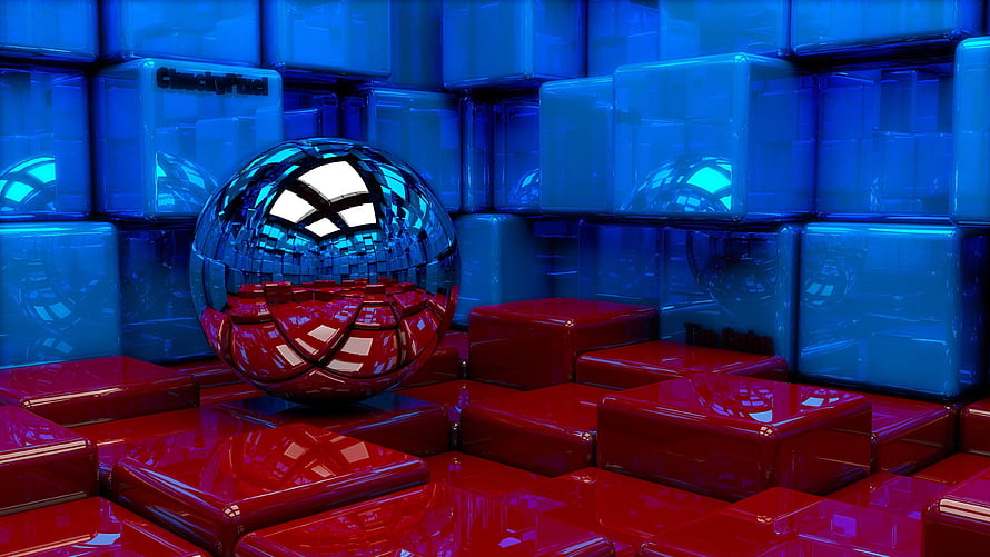 Glossy Chrome Sphere Reflecting Blue Cubes and Red Blocks in Abstract 3D Render HD wallpaper