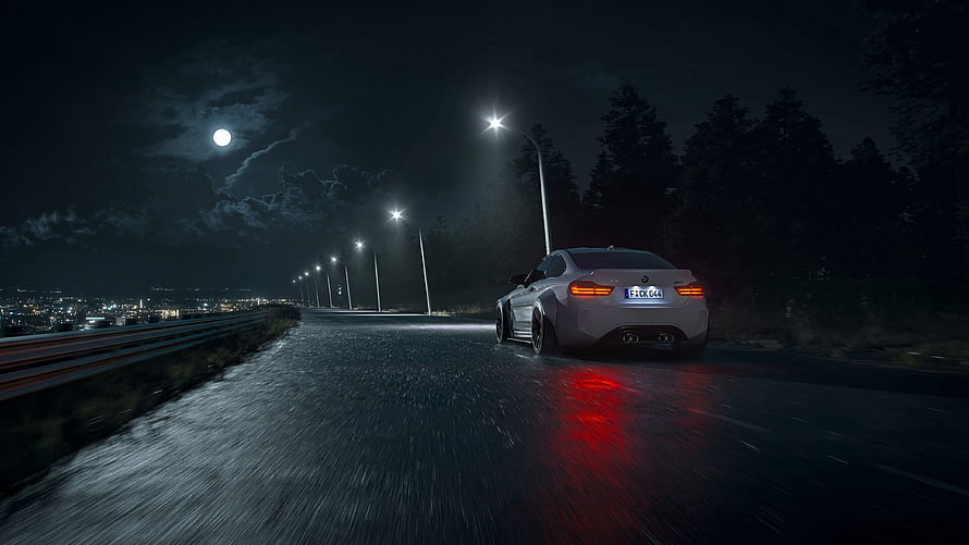 White BMW M6 Gran Coupe driving on a wet asphalt road at night under a full moon HD wallpaper