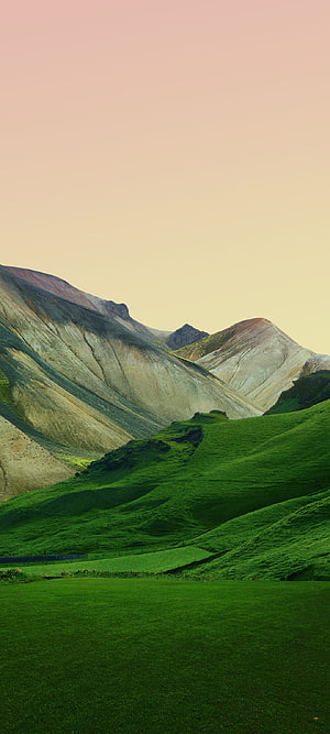 Lush Green Rolling Hills and Barren Mountain Ridges Under a Soft Pastel Sky HD phone wallpaper